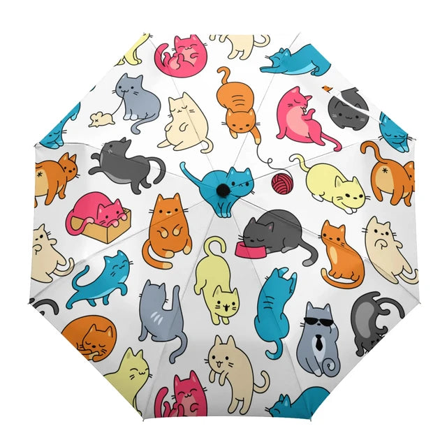 Cartoon Cat Folding Travel Umbrella Lovely Pet Kitten Animal Umbrellas Windproof Lightweight Compact Parasol Umbrella Sun & Rain