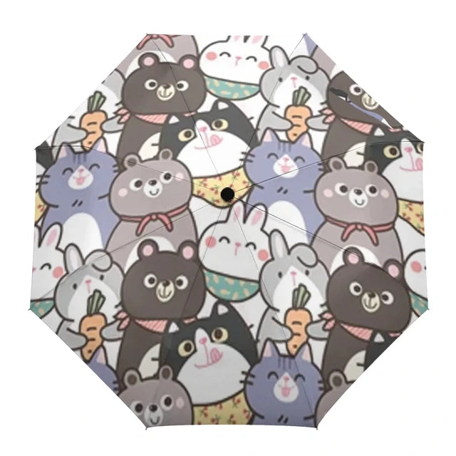 Cartoon Cat Folding Travel Umbrella Lovely Pet Kitten Animal Umbrellas Windproof Lightweight Compact Parasol Umbrella Sun & Rain