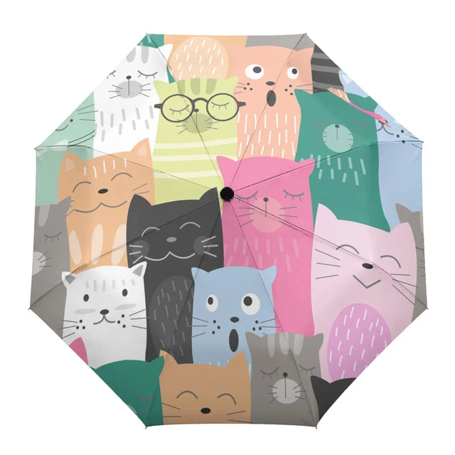 Cartoon Cat Folding Travel Umbrella Lovely Pet Kitten Animal Umbrellas Windproof Lightweight Compact Parasol Umbrella Sun & Rain