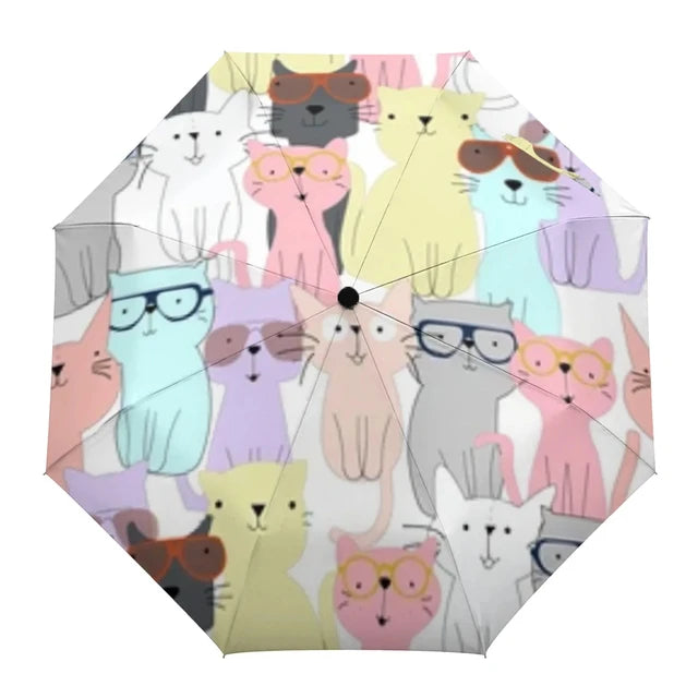 Cartoon Cat Folding Travel Umbrella Lovely Pet Kitten Animal Umbrellas Windproof Lightweight Compact Parasol Umbrella Sun & Rain