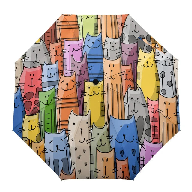 Cartoon Cat Folding Travel Umbrella Lovely Pet Kitten Animal Umbrellas Windproof Lightweight Compact Parasol Umbrella Sun & Rain