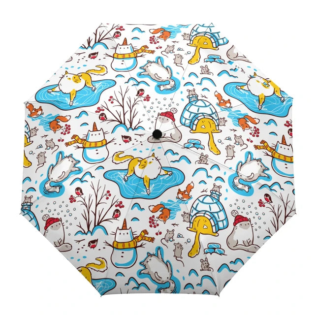 Cartoon Cat Folding Travel Umbrella Lovely Pet Kitten Animal Umbrellas Windproof Lightweight Compact Parasol Umbrella Sun & Rain