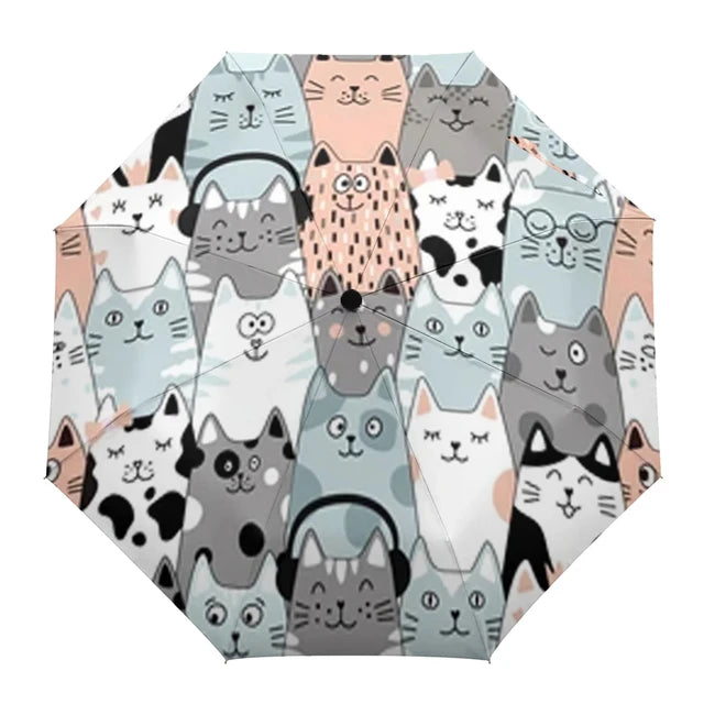 Cartoon Cat Folding Travel Umbrella Lovely Pet Kitten Animal Umbrellas Windproof Lightweight Compact Parasol Umbrella Sun & Rain