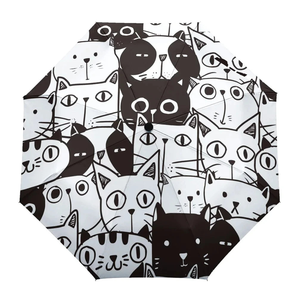 Cartoon Cat Folding Travel Umbrella Lovely Pet Kitten Animal Umbrellas Windproof Lightweight Compact Parasol Umbrella Sun & Rain