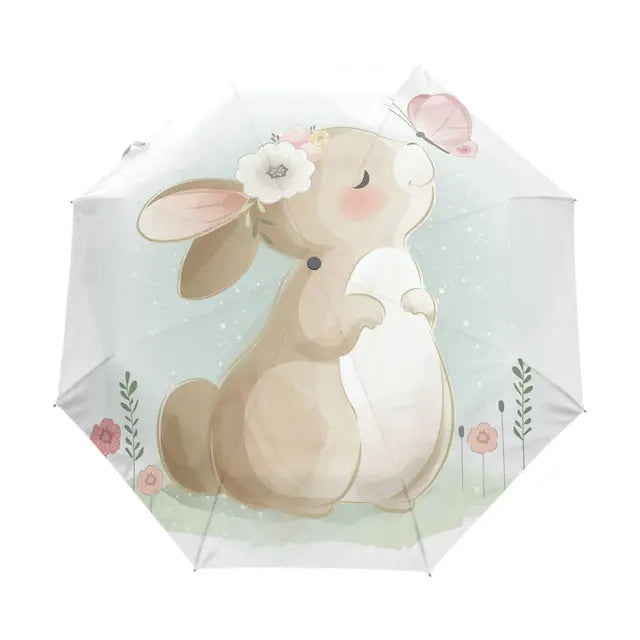 Cartoon Rabbit Easter Rain Sun Umbrellas Lovely Bunny Animal Lightweight Windproof Folding Travel Umbrella for Adults Teens Kids