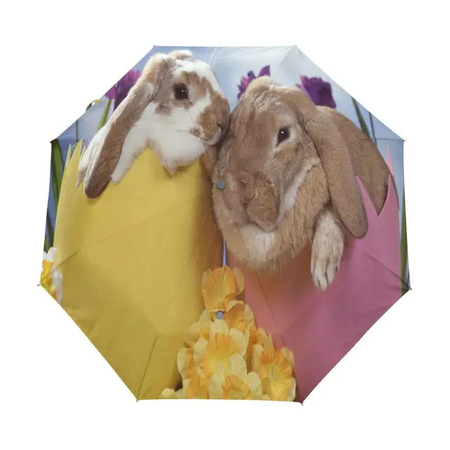 Cartoon Rabbit Easter Rain Sun Umbrellas Lovely Bunny Animal Lightweight Windproof Folding Travel Umbrella for Adults Teens Kids