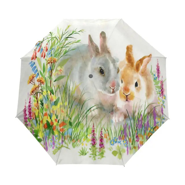 Cartoon Rabbit Easter Rain Sun Umbrellas Lovely Bunny Animal Lightweight Windproof Folding Travel Umbrella for Adults Teens Kids