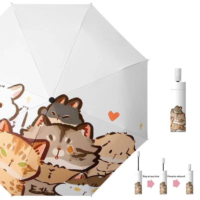 Cute Automatic Umbrella Cartoon Cat Folding Travel Umbrella Black Coating Sunscreen Umbrella