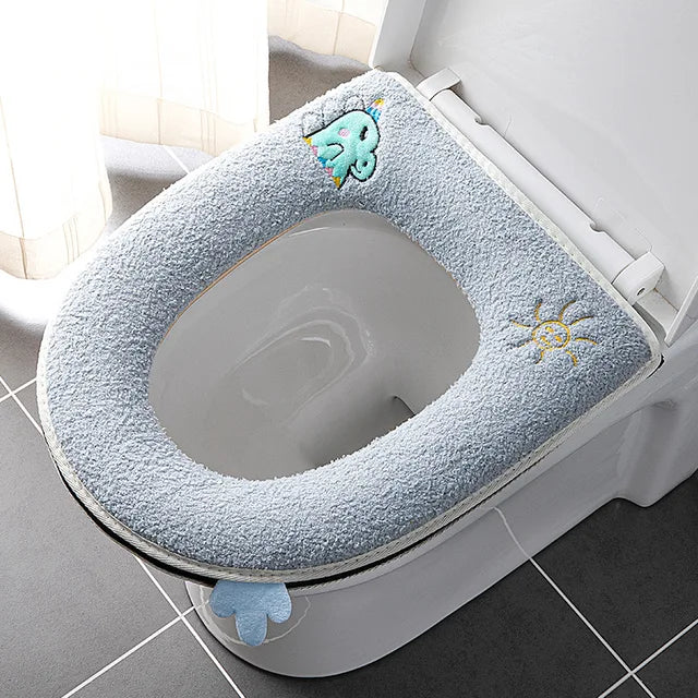 Cute Cartoon Winter Warm Toilet Seat Cover With Handle Washable Toilet Cushion Thicken Plush Toilet Seat Mat Bathroom Aceesories