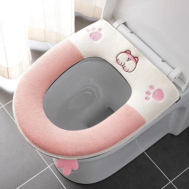 Cute Cartoon Winter Warm Toilet Seat Cover With Handle Washable Toilet Cushion Thicken Plush Toilet Seat Mat Bathroom Aceesories