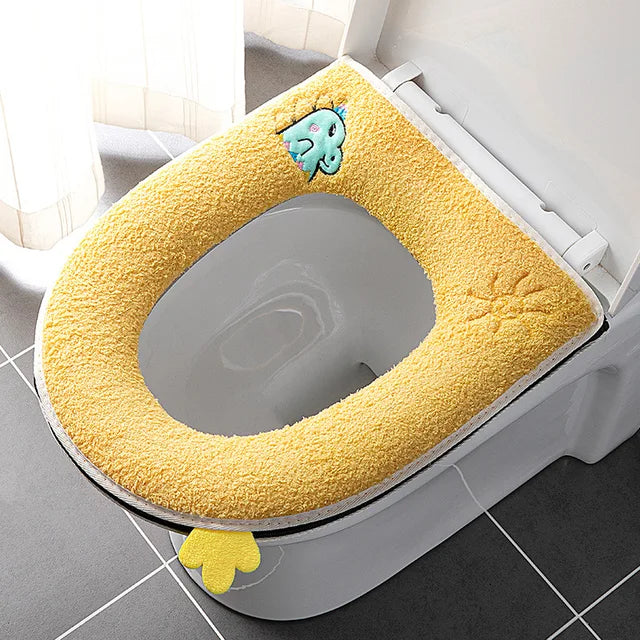 Cute Cartoon Winter Warm Toilet Seat Cover With Handle Washable Toilet Cushion Thicken Plush Toilet Seat Mat Bathroom Aceesories