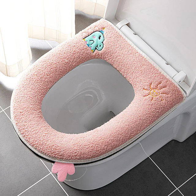 Cute Cartoon Winter Warm Toilet Seat Cover With Handle Washable Toilet Cushion Thicken Plush Toilet Seat Mat Bathroom Aceesories