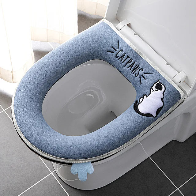 Cute Cartoon Winter Warm Toilet Seat Cover With Handle Washable Toilet Cushion Thicken Plush Toilet Seat Mat Bathroom Aceesories