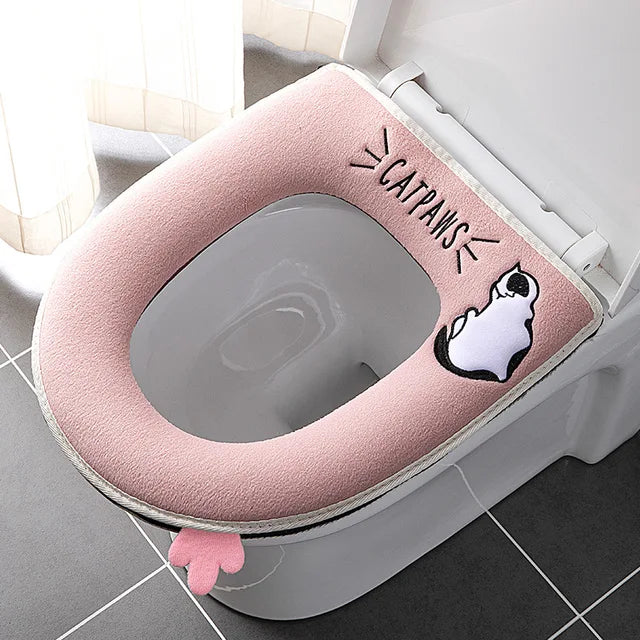 Cute Cartoon Winter Warm Toilet Seat Cover With Handle Washable Toilet Cushion Thicken Plush Toilet Seat Mat Bathroom Aceesories