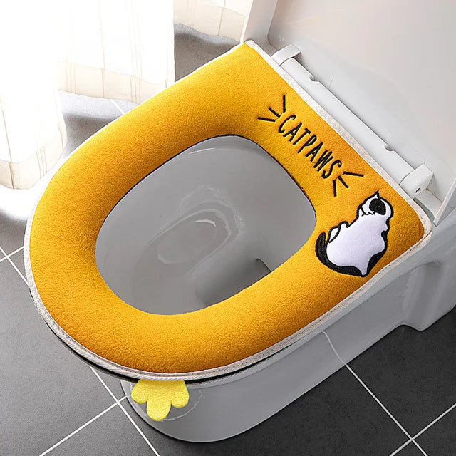 Cute Cartoon Winter Warm Toilet Seat Cover With Handle Washable Toilet Cushion Thicken Plush Toilet Seat Mat Bathroom Aceesories