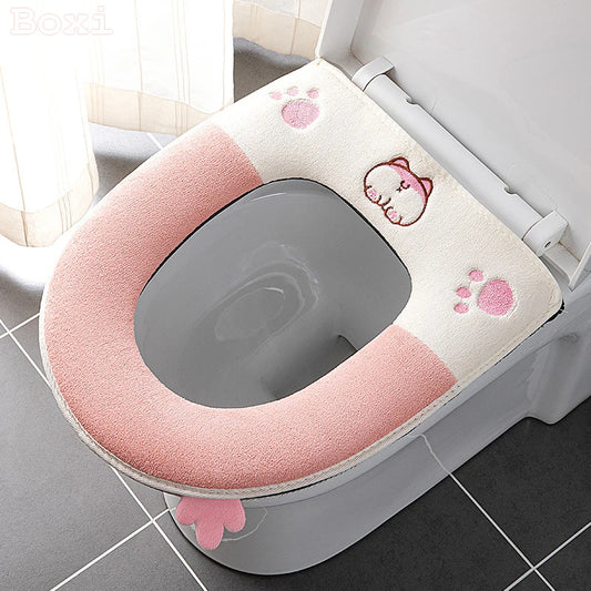 Cute Cartoon Winter Warm Toilet Seat Cover With Handle Washable Toilet Cushion Thicken Plush Toilet Seat Mat Bathroom Aceesories