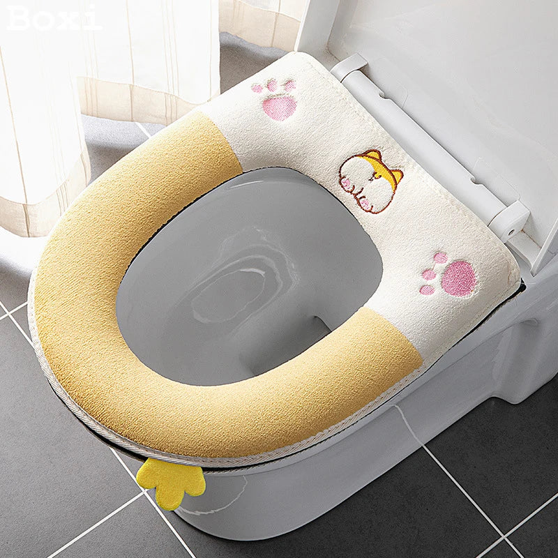 Cute Cartoon Winter Warm Toilet Seat Cover With Handle Washable Toilet Cushion Thicken Plush Toilet Seat Mat Bathroom Aceesories