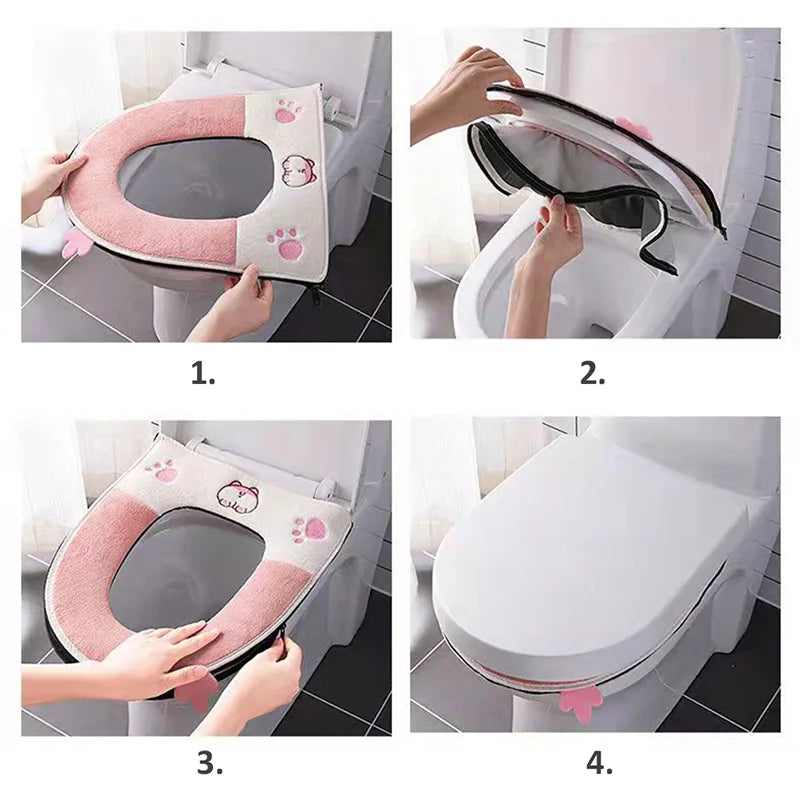 Cute Cartoon Winter Warm Toilet Seat Cover With Handle Washable Toilet Cushion Thicken Plush Toilet Seat Mat Bathroom Aceesories