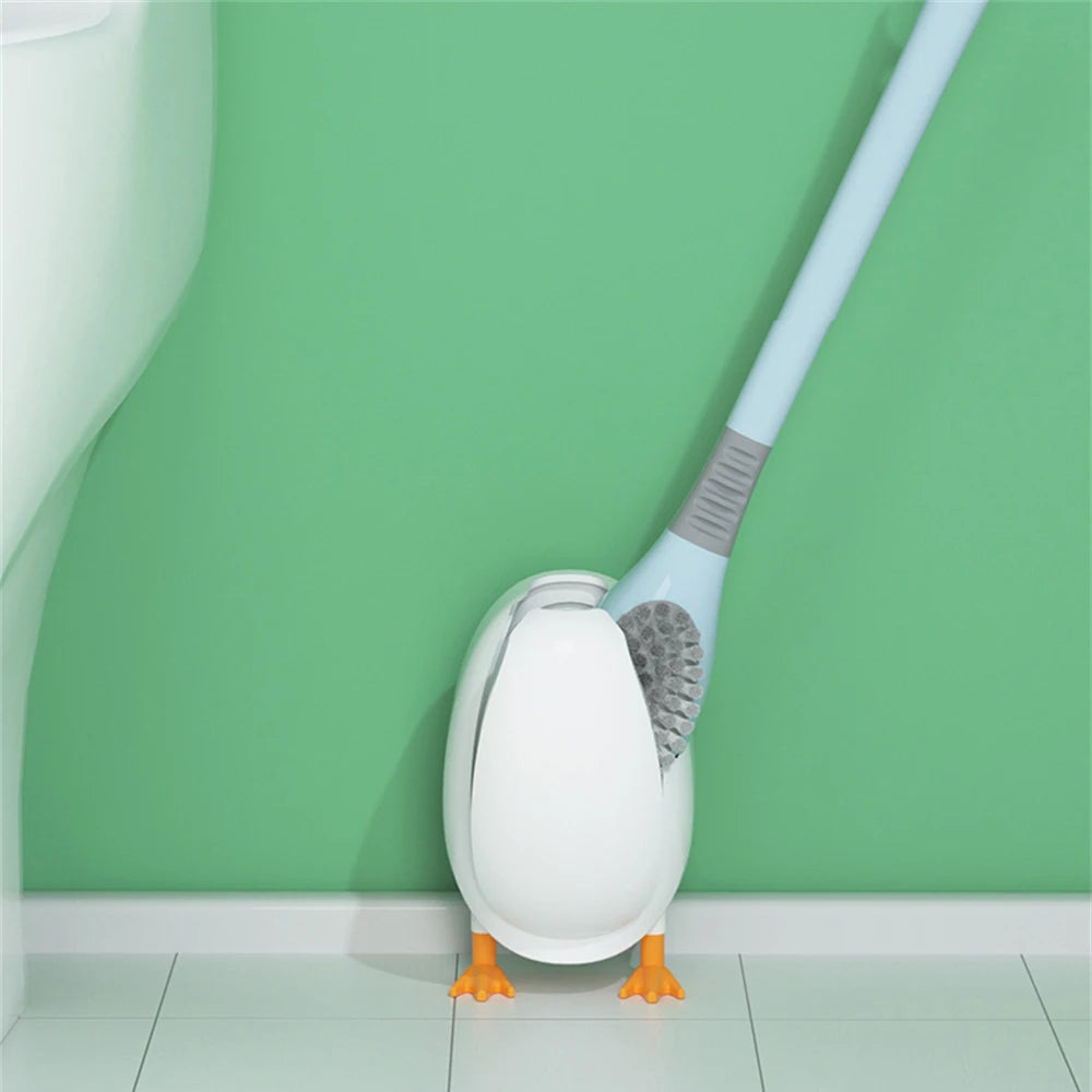 Cute Diving Duck Style Toilet Brush Wall-mounted Floor-Standing  Silicone Toilet Brush with Base Bathroom Cleaning Brush Set