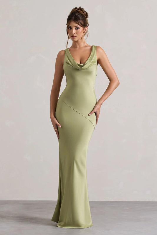 Alesso | Light Olive Satin Cowl-Neck Maxi Dress