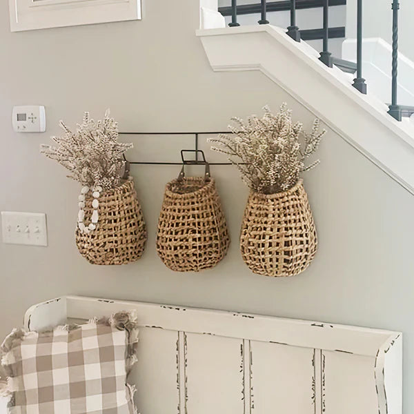 Set of 3 Hyacinth Wall Baskets on Hanging Rack