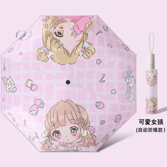 Fully Automatic Anti-Rebound Cartoon Umbrella, Folding Vinyl Reflective Stripes, Holiday Gift Student Children's Umbrella