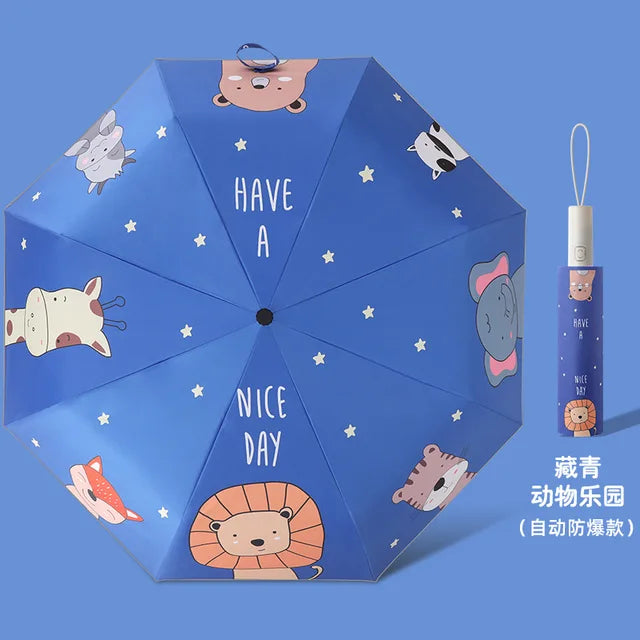 Fully Automatic Anti-Rebound Cartoon Umbrella, Folding Vinyl Reflective Stripes, Holiday Gift Student Children's Umbrella