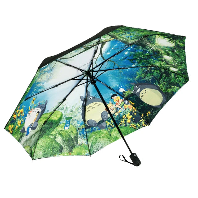 Hayao Miyazaki Totoro Print Umbrella For Women Two Layers Surface Three Fold Fully Automatic Female UV Cartoon Umbrellas