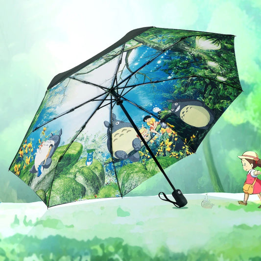 Hayao Miyazaki Totoro Print Umbrella For Women Two Layers Surface Three Fold Fully Automatic Female UV Cartoon Umbrellas