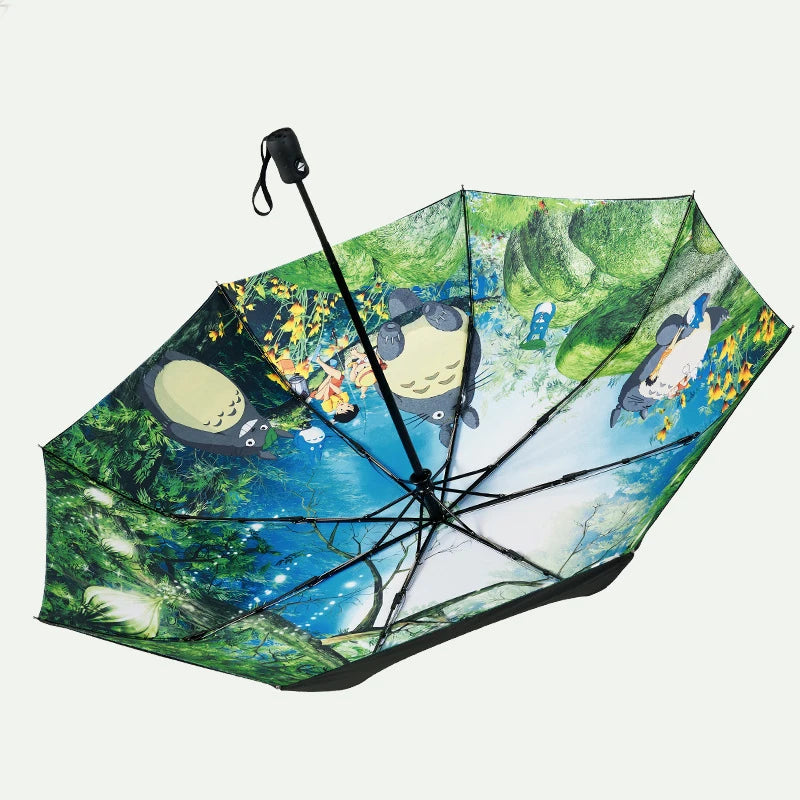 Hayao Miyazaki Totoro Print Umbrella For Women Two Layers Surface Three Fold Fully Automatic Female UV Cartoon Umbrellas