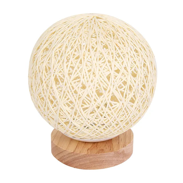 LED Moon Table Lamp Hand-Knit Lampshade Wood Table Ball Light with USB Charged Rattan Ball Lamp Modern Bedside Night Lamp