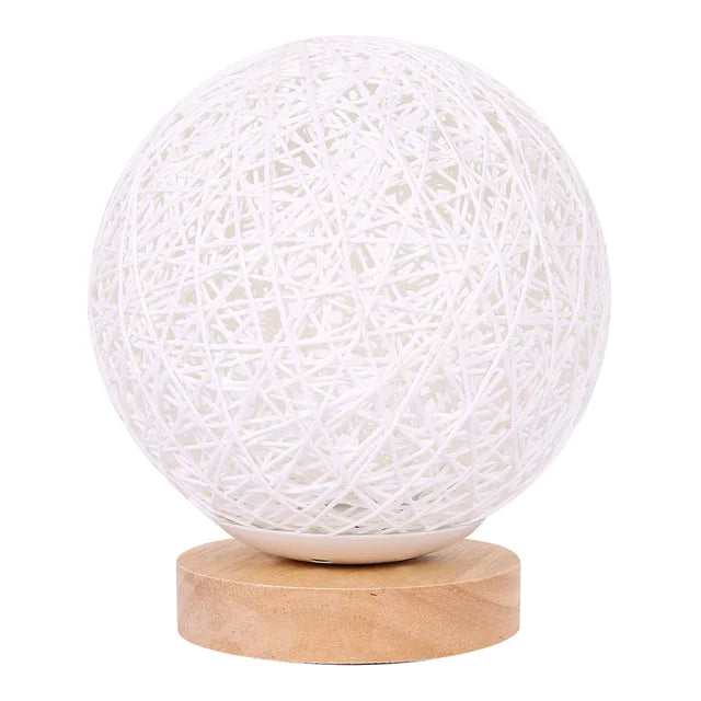 LED Moon Table Lamp Hand-Knit Lampshade Wood Table Ball Light with USB Charged Rattan Ball Lamp Modern Bedside Night Lamp