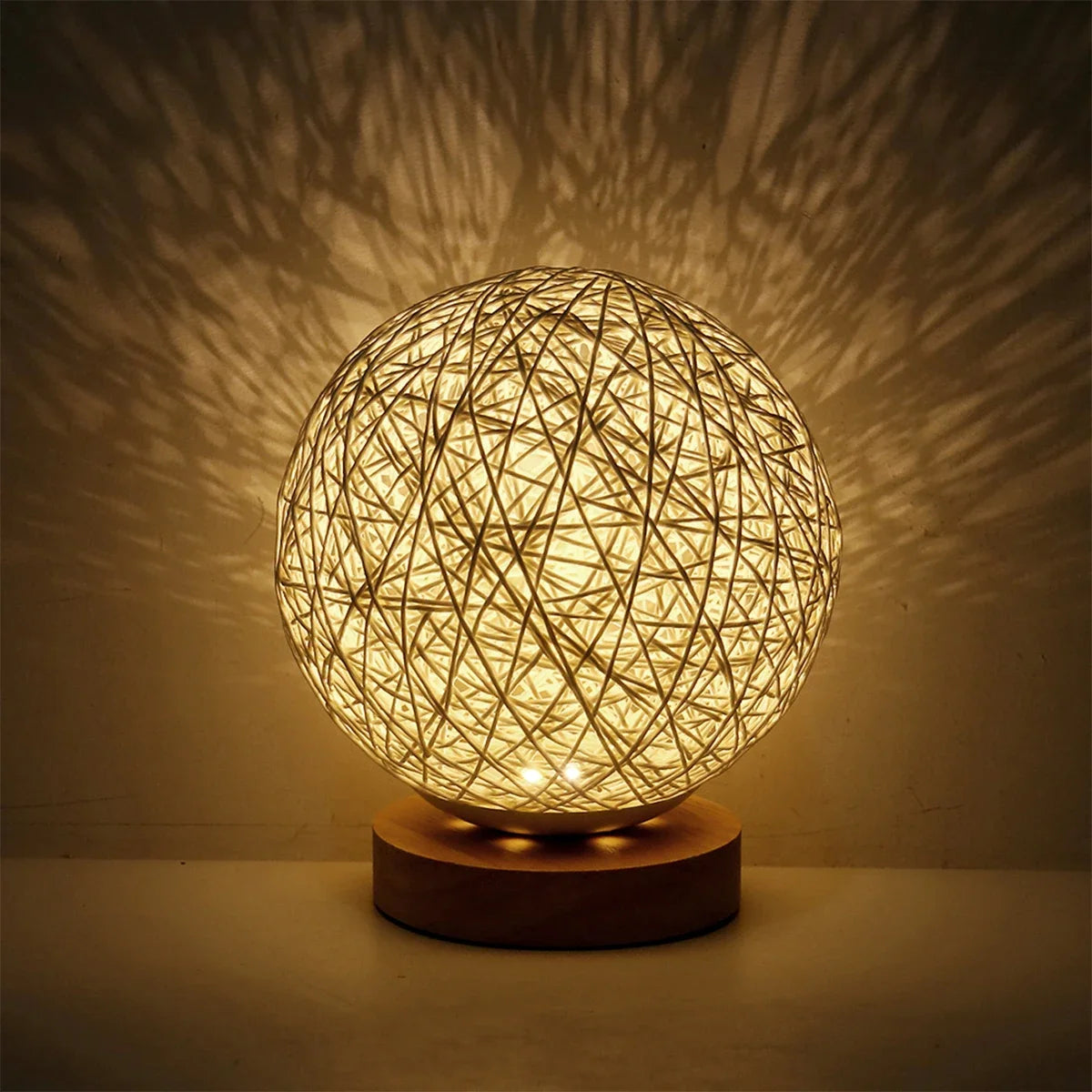 LED Moon Table Lamp Hand-Knit Lampshade Wood Table Ball Light with USB Charged Rattan Ball Lamp Modern Bedside Night Lamp