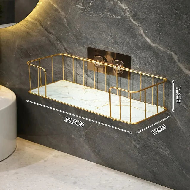 Luxury Bathroom Shelf without drilling Iron Wall Shelf with Marble style Glass Plate Makeup Storage Rack Bathroom Accessories