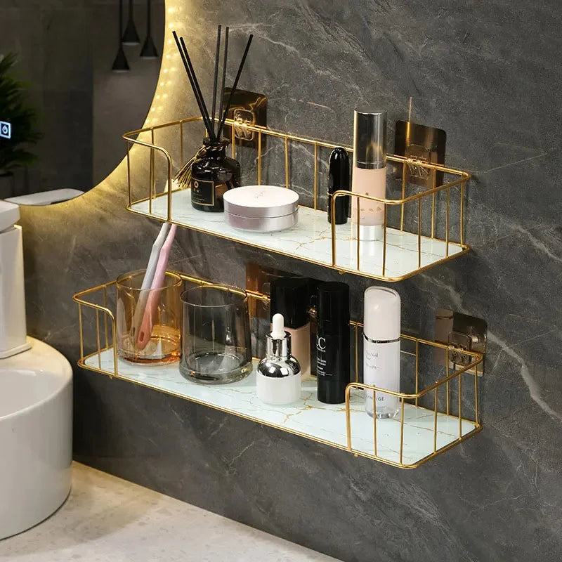 Luxury Bathroom Shelf without drilling Iron Wall Shelf with Marble style Glass Plate Makeup Storage Rack Bathroom Accessories