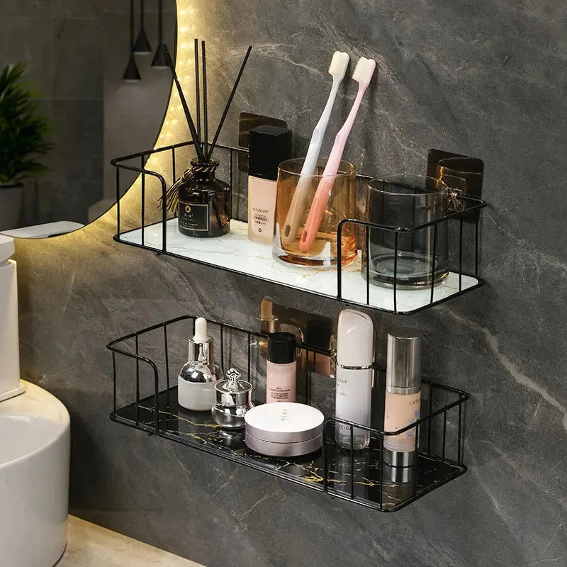 Luxury Bathroom Shelf without drilling Iron Wall Shelf with Marble style Glass Plate Makeup Storage Rack Bathroom Accessories