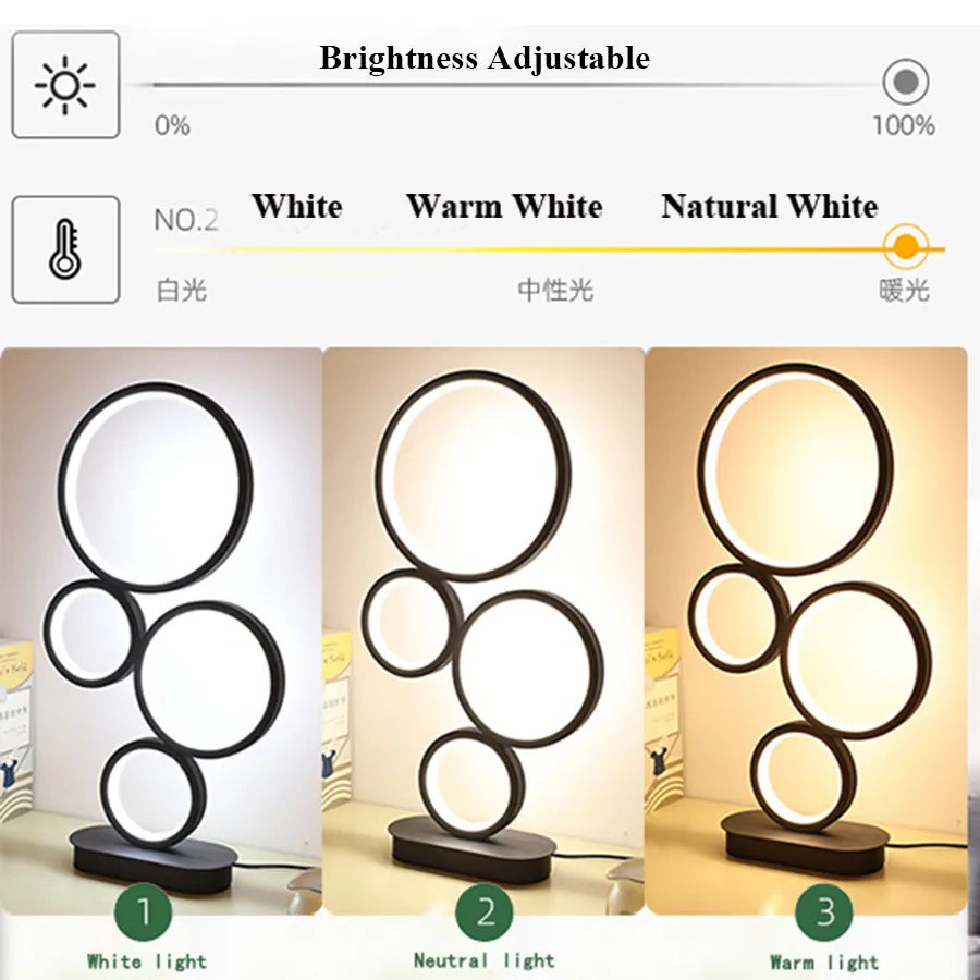 Modern Dimmable LED Table Lamp Modern Round Ring Night Lamp Unique Design 4-Circle Lighting Adjustable Light For Bedside Reading