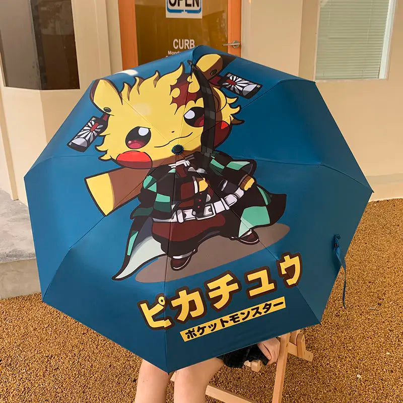 Pikachu Cartoon Anime Series Dual purpose Folding Umbrella Black Rubber Sun Visor Umbrella UV Resistant Student Umbrella