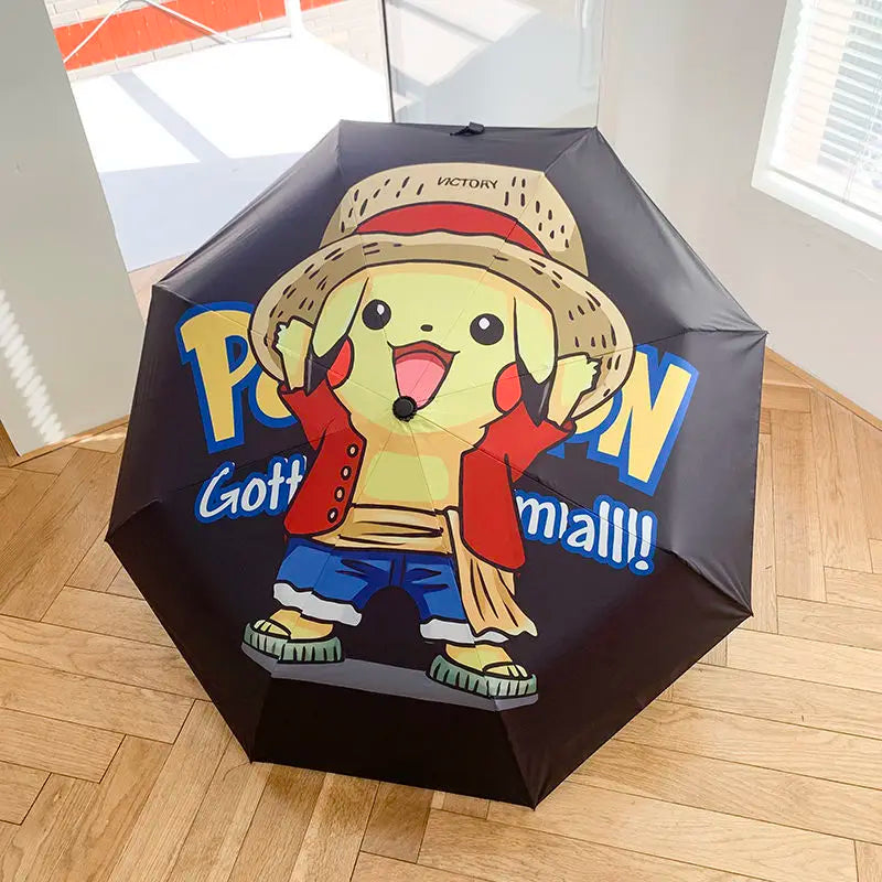 Pikachu Cartoon Anime Series Dual purpose Folding Umbrella Black Rubber Sun Visor Umbrella UV Resistant Student Umbrella