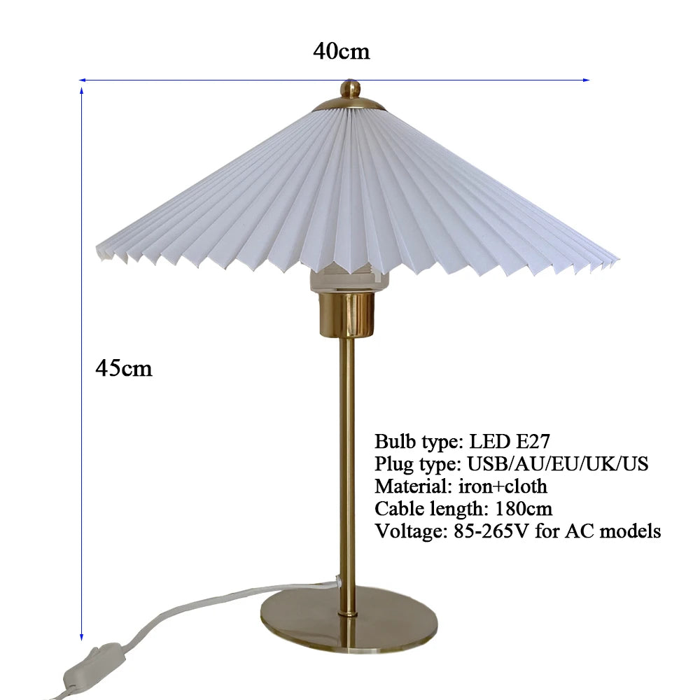 Retro LED Table Lamp with Pleated Lampshade AC 85-265V AU US EU UK or DC USB Plug E27 Bedside Umbrella Night Lights for Bedroom