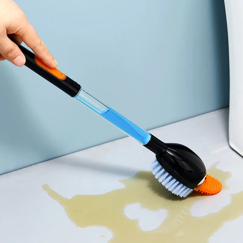 Silicone Non Dead Corner Cleaning Brush Toilet Brush Press Out Liquid Wall Mounted Brush with Base and Long Handle