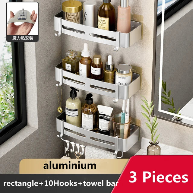 Wall Mounted Bathroom Corner Shelf Punch Free Shower Storage Rack Shampoo Makeup Organizer Space Aluminum Anti Rust Shelves