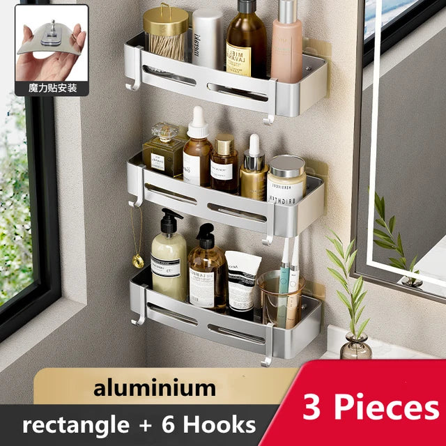 Wall Mounted Bathroom Corner Shelf Punch Free Shower Storage Rack Shampoo Makeup Organizer Space Aluminum Anti Rust Shelves