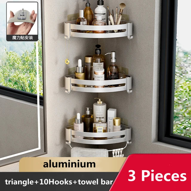 Wall Mounted Bathroom Corner Shelf Punch Free Shower Storage Rack Shampoo Makeup Organizer Space Aluminum Anti Rust Shelves