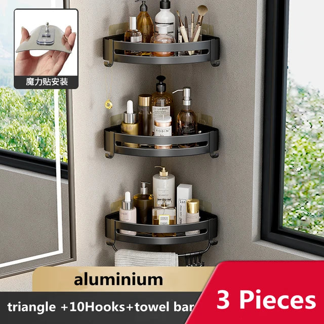 Wall Mounted Bathroom Corner Shelf Punch Free Shower Storage Rack Shampoo Makeup Organizer Space Aluminum Anti Rust Shelves