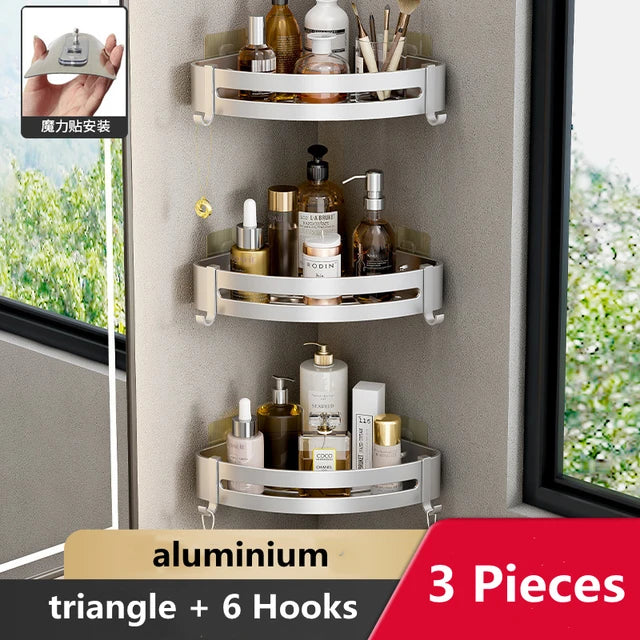 Wall Mounted Bathroom Corner Shelf Punch Free Shower Storage Rack Shampoo Makeup Organizer Space Aluminum Anti Rust Shelves