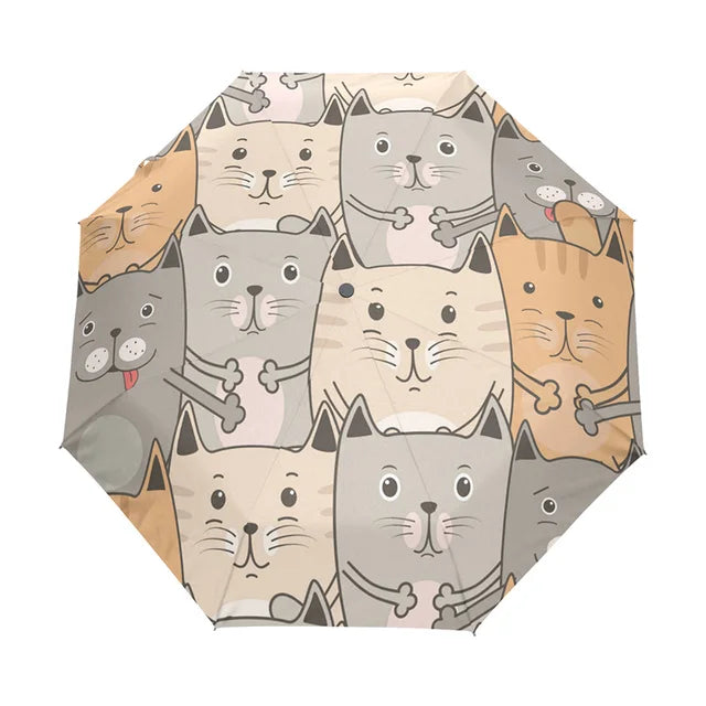 Women Umbrella 3 Folding Umbrellas Beach Cartoon Cat Rain Waterproof Children Sun Umbrella For Girl Small Parasol Auto Female