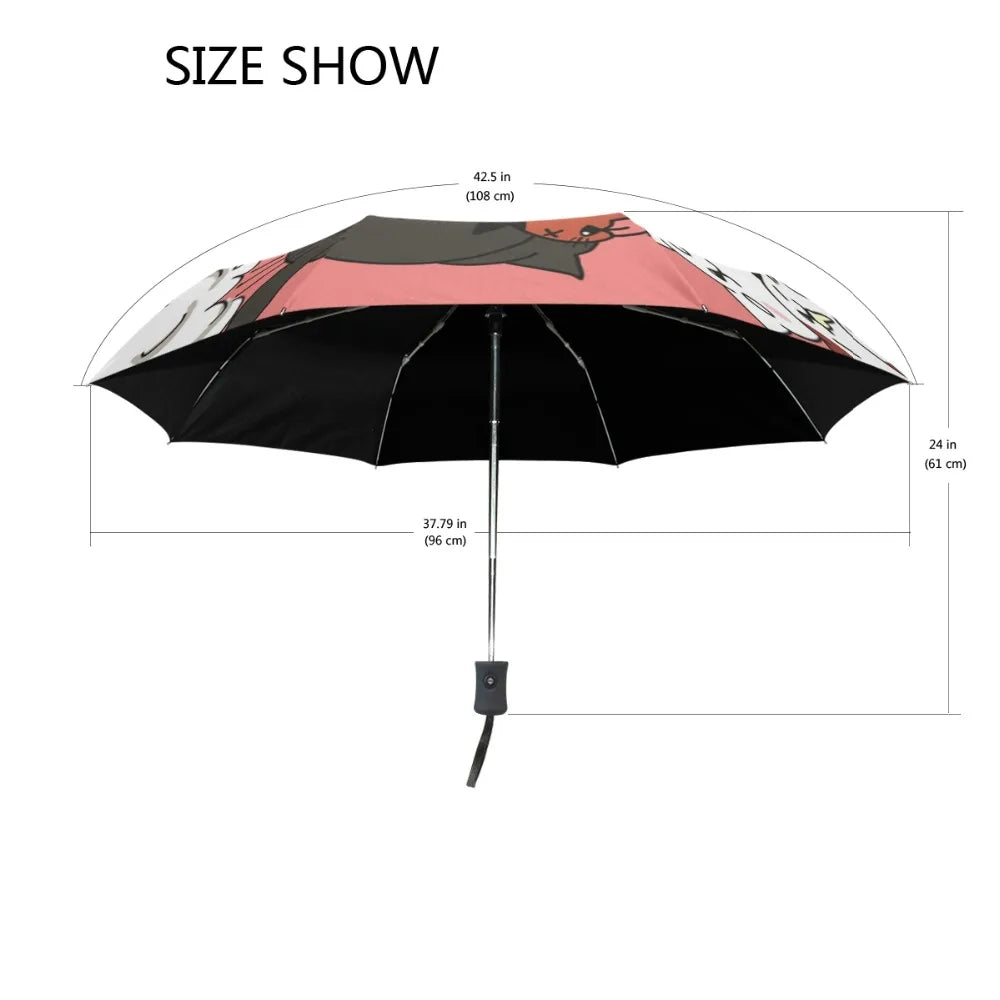 Women Umbrella 3 Folding Umbrellas Beach Cartoon Cat Rain Waterproof Children Sun Umbrella For Girl Small Parasol Auto Female