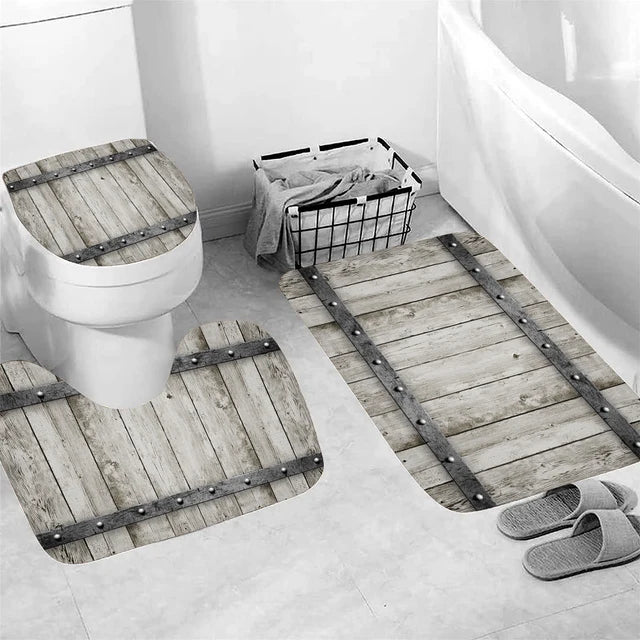 Wooden Pattern of Farmhouse Set of 3 Bathroom Bath Mat Soft Mat Bathroom Rug Absorbent Shower Carpets Toilet Lid Cover Floor