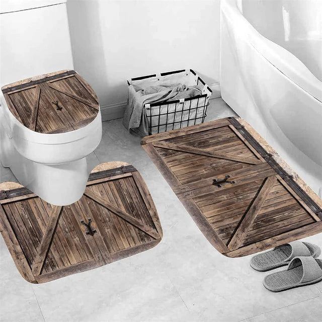 Wooden Pattern of Farmhouse Set of 3 Bathroom Bath Mat Soft Mat Bathroom Rug Absorbent Shower Carpets Toilet Lid Cover Floor